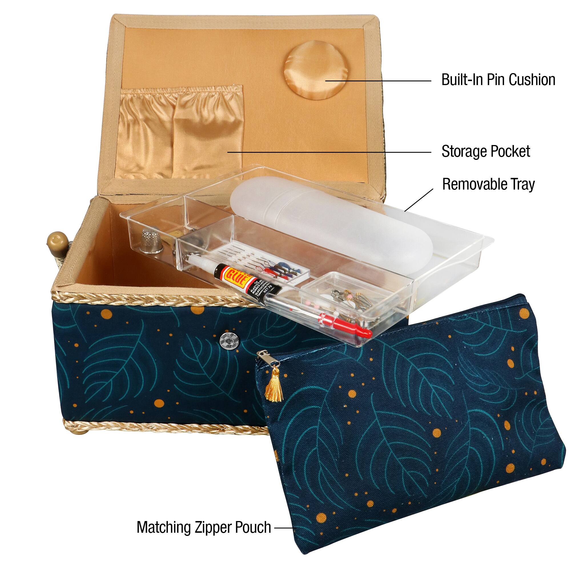 SINGER® Large Leaf Print Sewing Basket with Travel Sewing Kit & Matching Zipper Pouch
